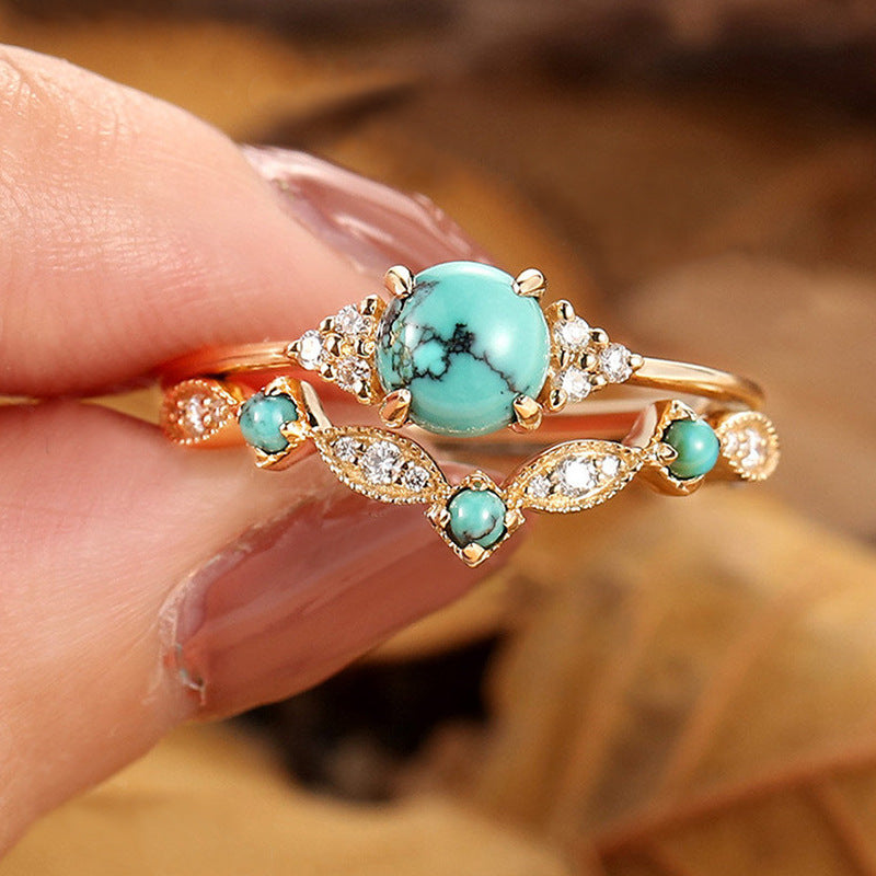 Conjunto de Anéis Coroa Turquesa Aureva