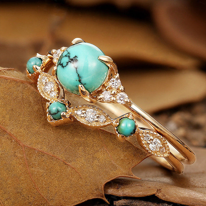 Conjunto de Anéis Coroa Turquesa Aureva