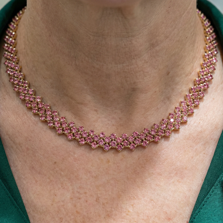 Colar Cravejado Rosa Dourado