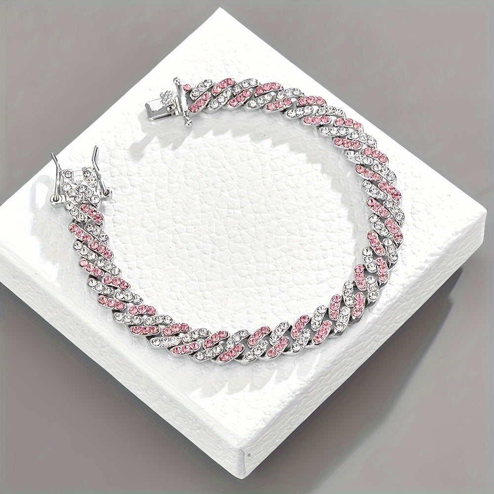 Pulseira Cubana Cravejada Rosa