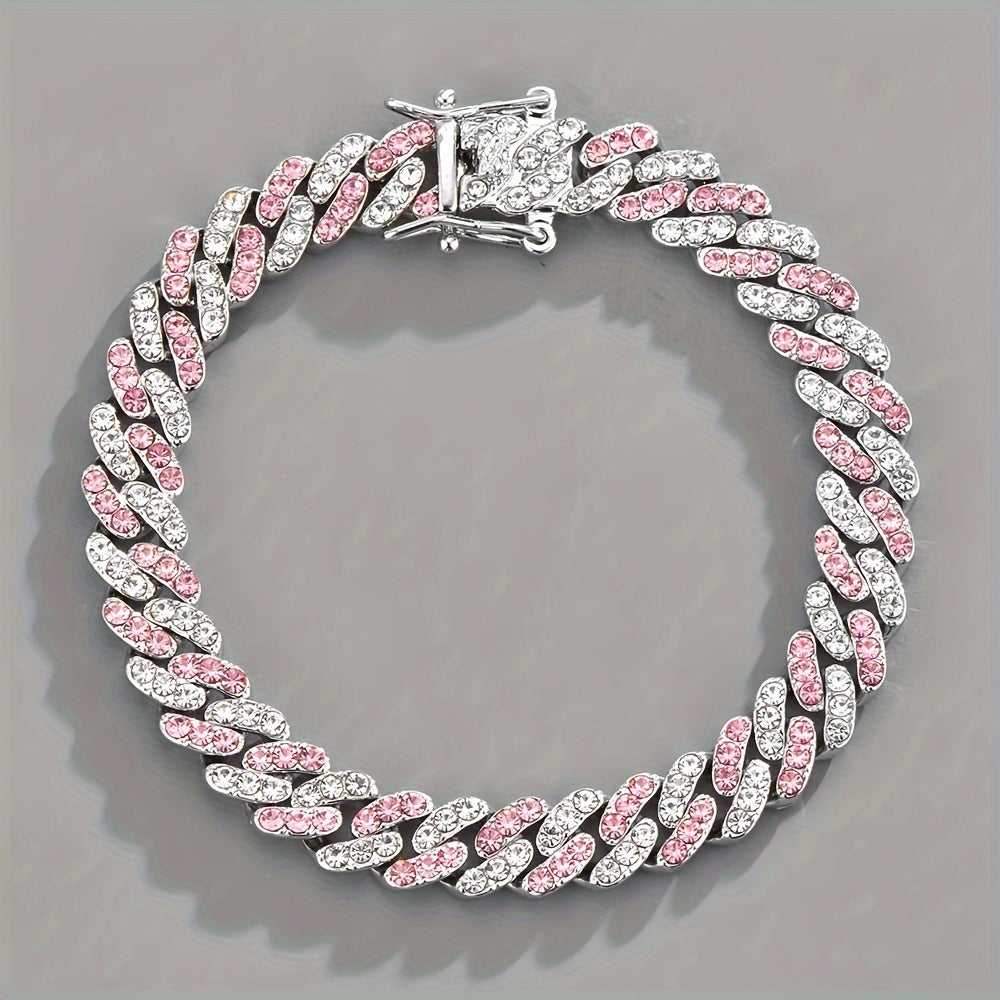 Pulseira Cubana Cravejada Rosa