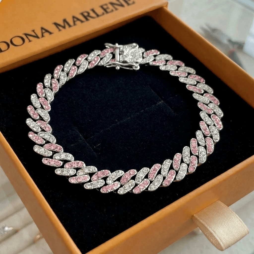 Pulseira Cubana Cravejada Rosa