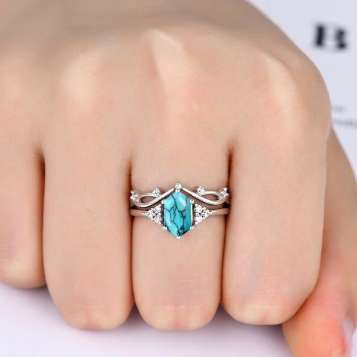 Conjunto de Anéis Turquesa Hexagonal