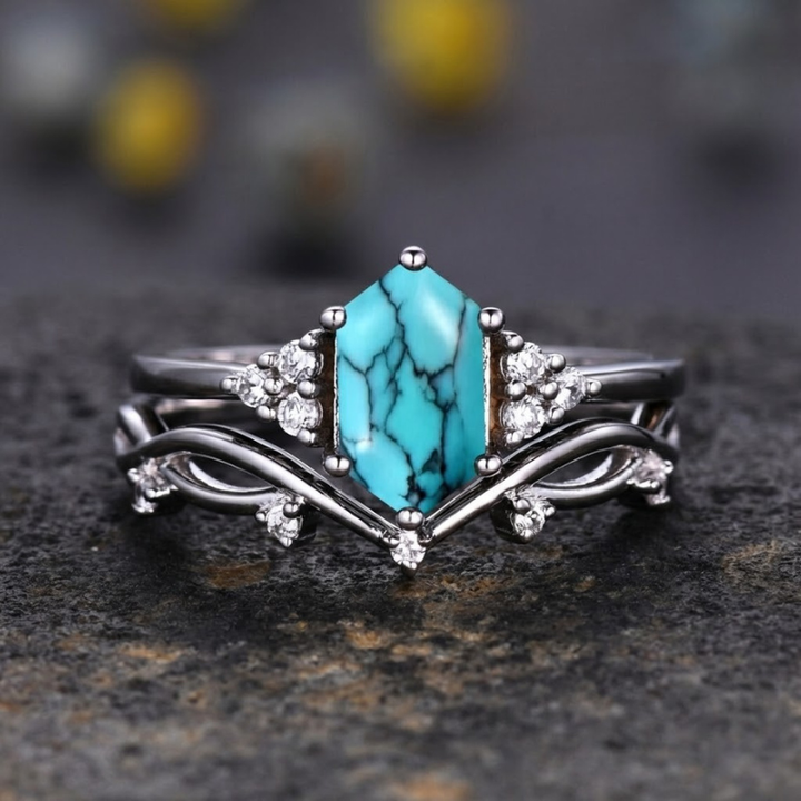 Conjunto de Anéis Turquesa Hexagonal