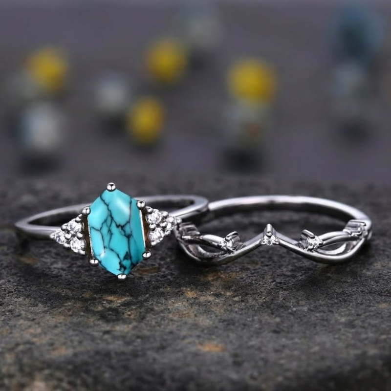 Conjunto de Anéis Turquesa Hexagonal